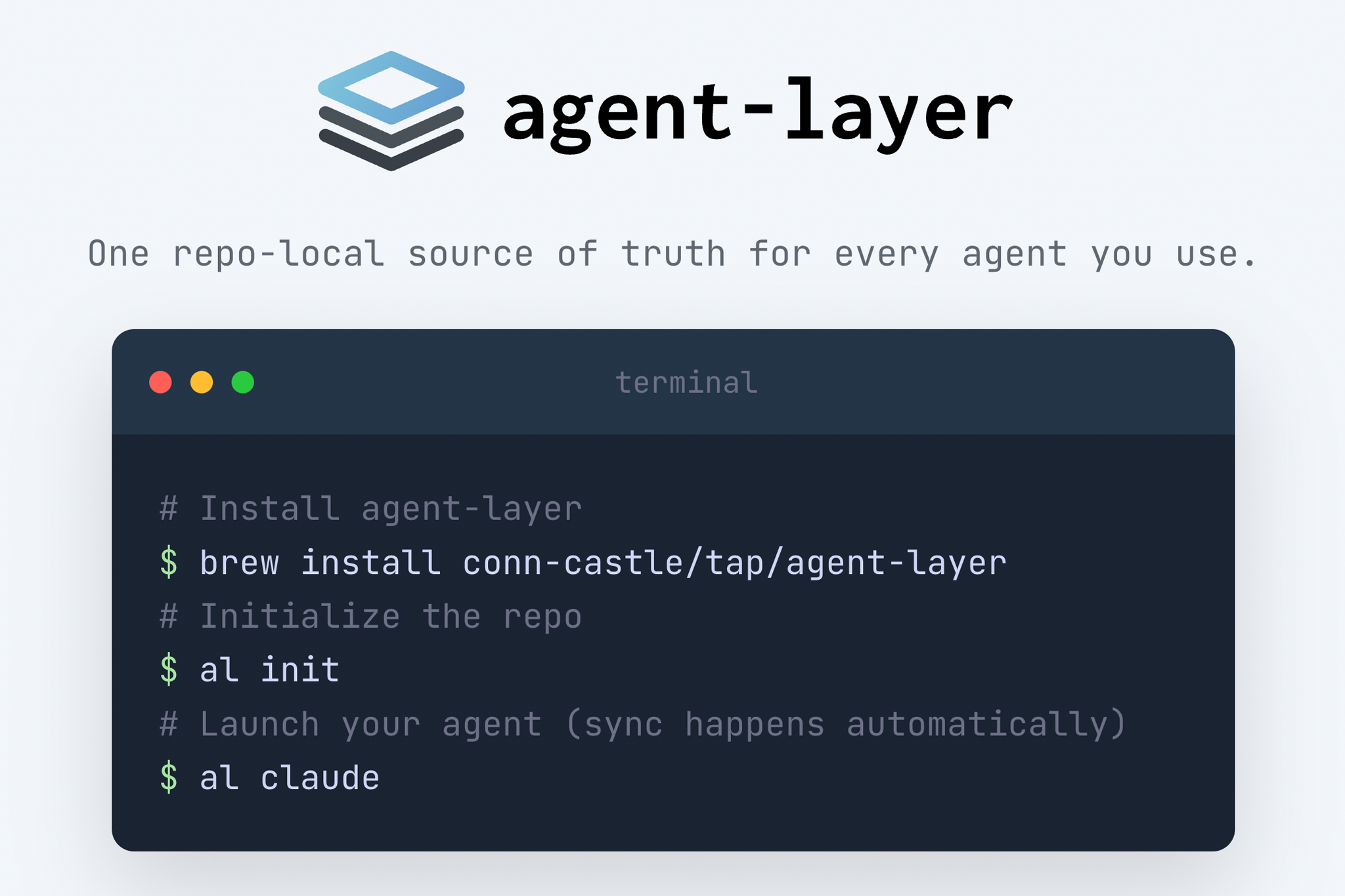 Agent Layer installation terminal showing one repo-local source of truth