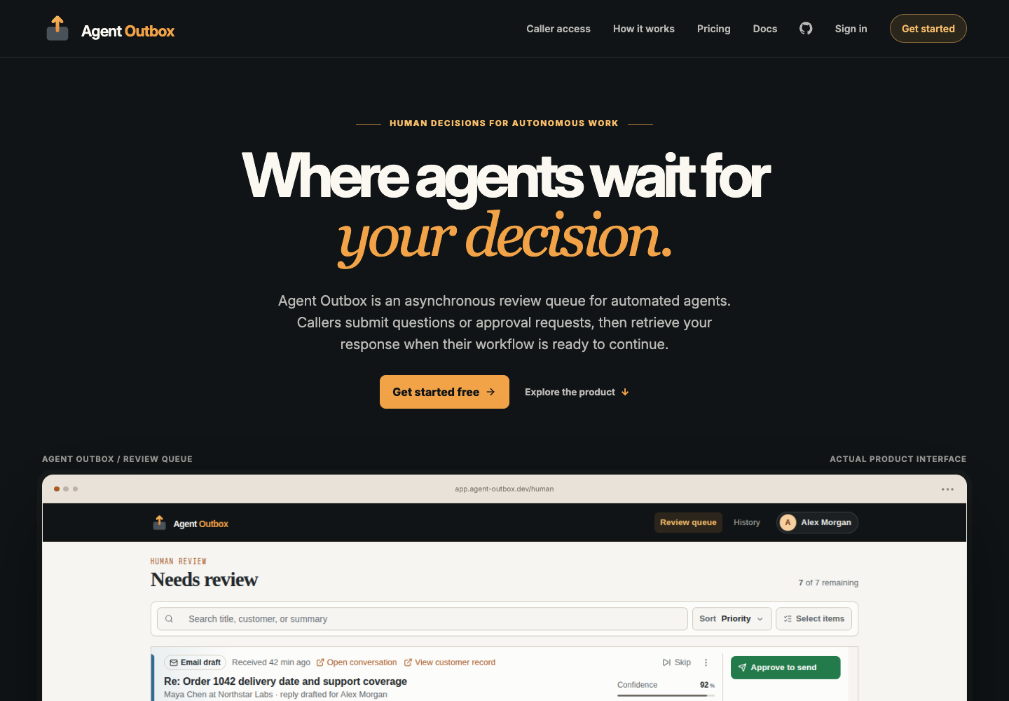 Agent Outbox marketing page showing its human decision workflow and review queue