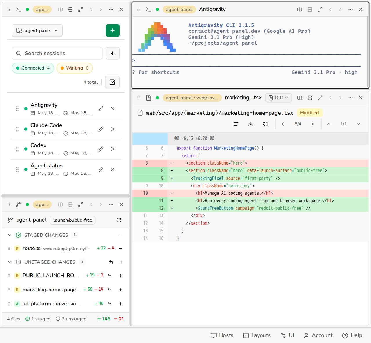 Agent Panel desktop workspace with four active coding agents, terminal, and diff viewer